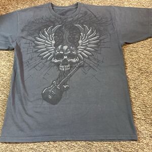 Music Is My Nature Men's Charcoal Graphic Tee with Skull and Guitar Design Sz, L